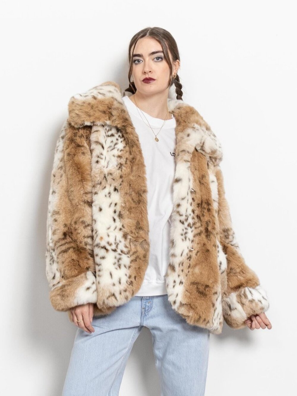 Vintage Leopard Faux Fur Coat: 90s Midi Jacket, Oversized Large
